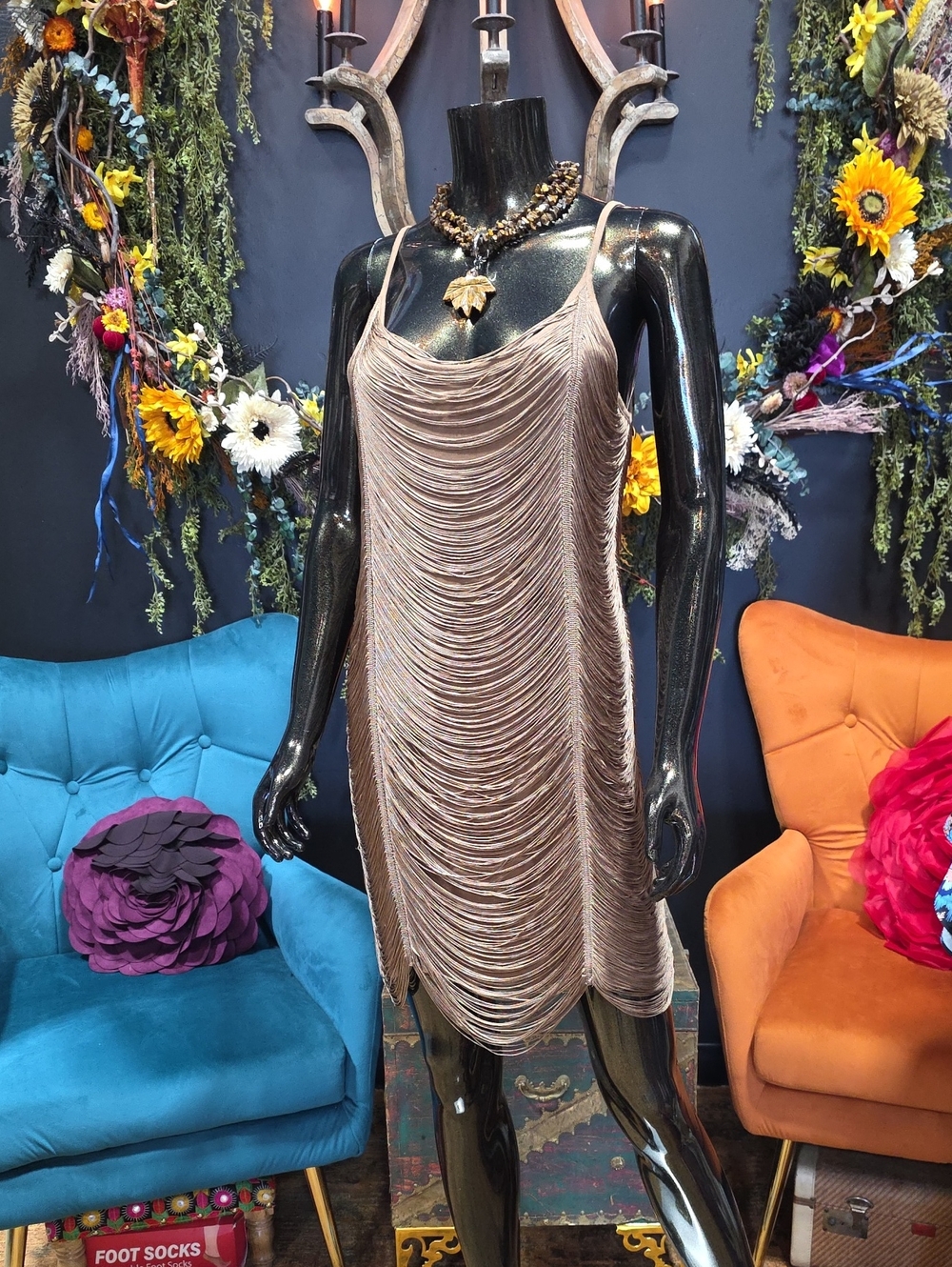 H&M Taupe Tan Cascading Fringe Mini Dress
